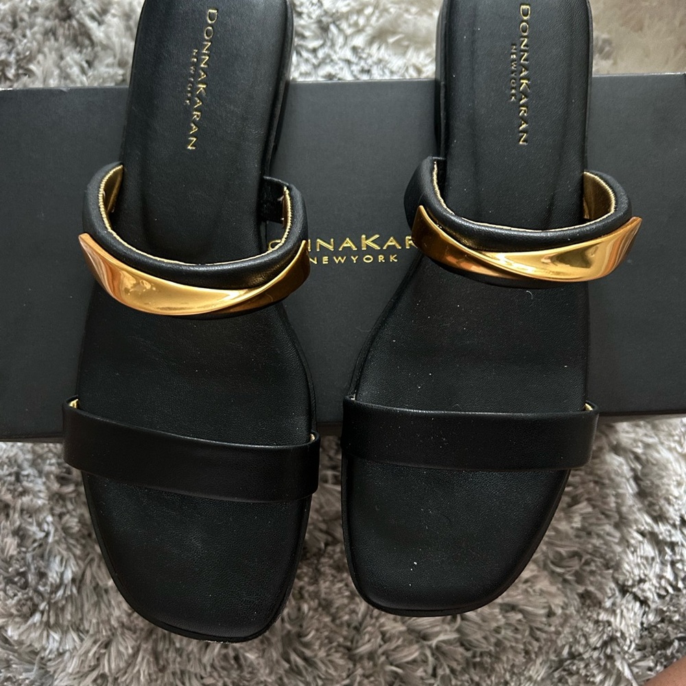 Donna Karan Black and Gold Slide Sandals